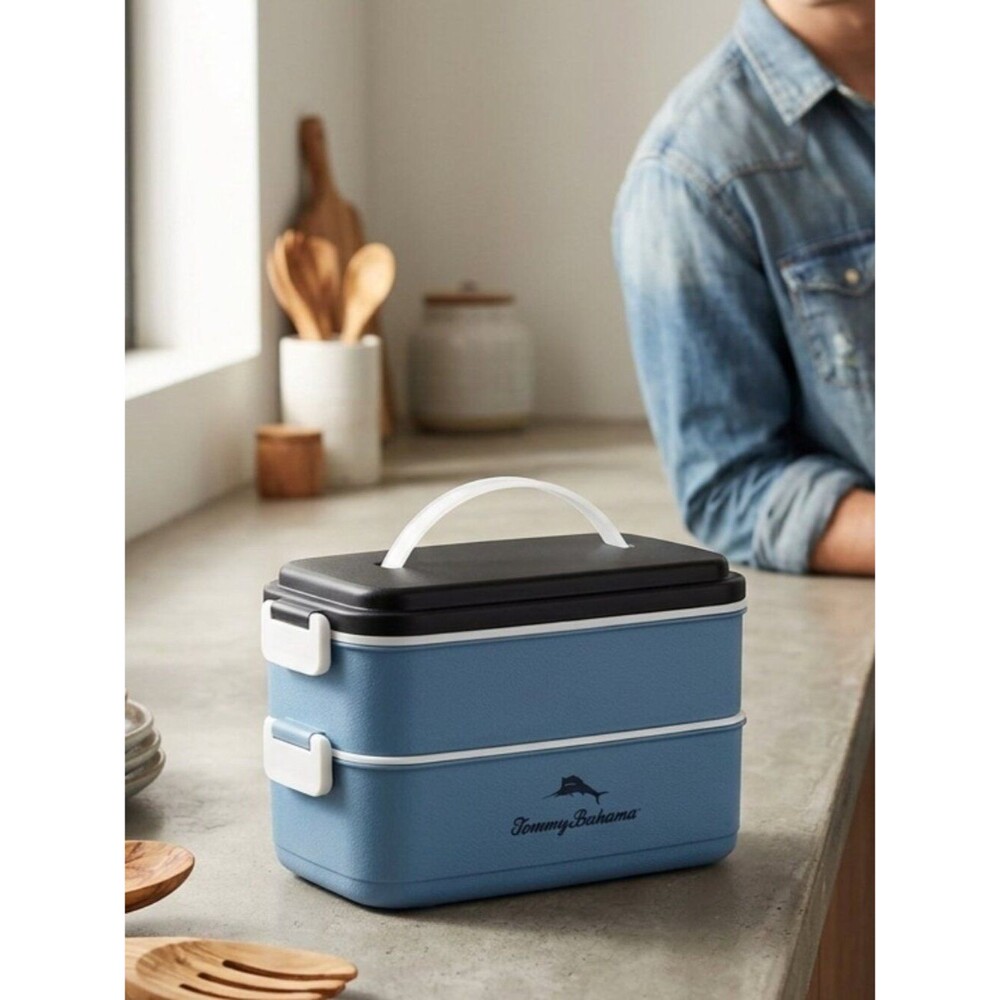 NIB Tommy Bahama Bento Box Blue White Leak Proof Lunch Container + Cutlery